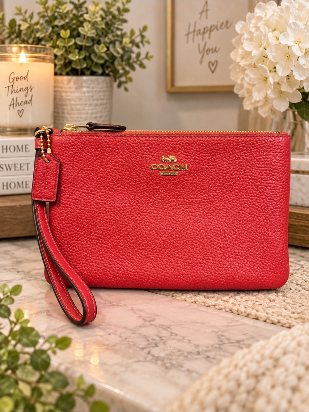 Coach Red Pebbled Leather Wristlet Clutch